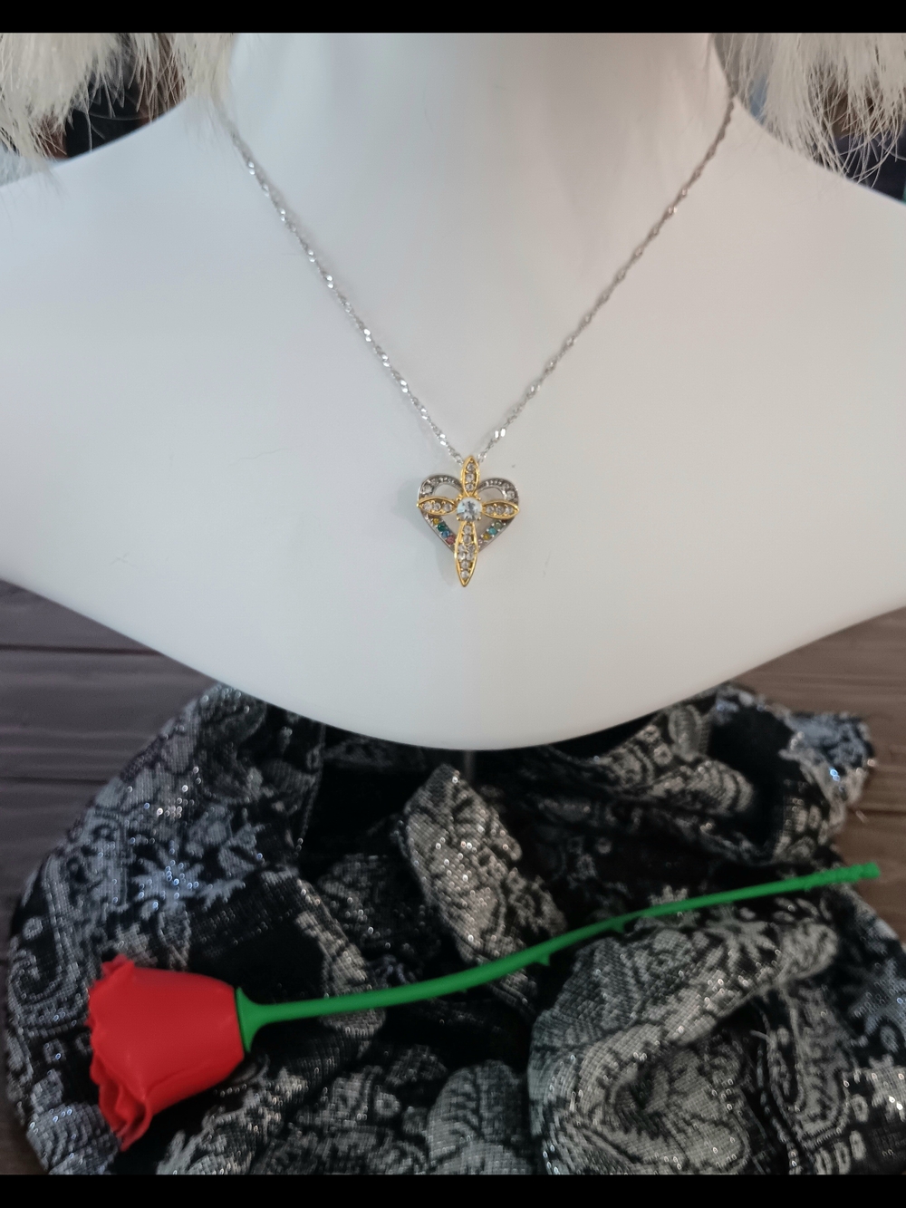 Multicolor Faux Gemstone Heart Cross Pendant Necklace in Silver and Gold - Picture 3 of 3